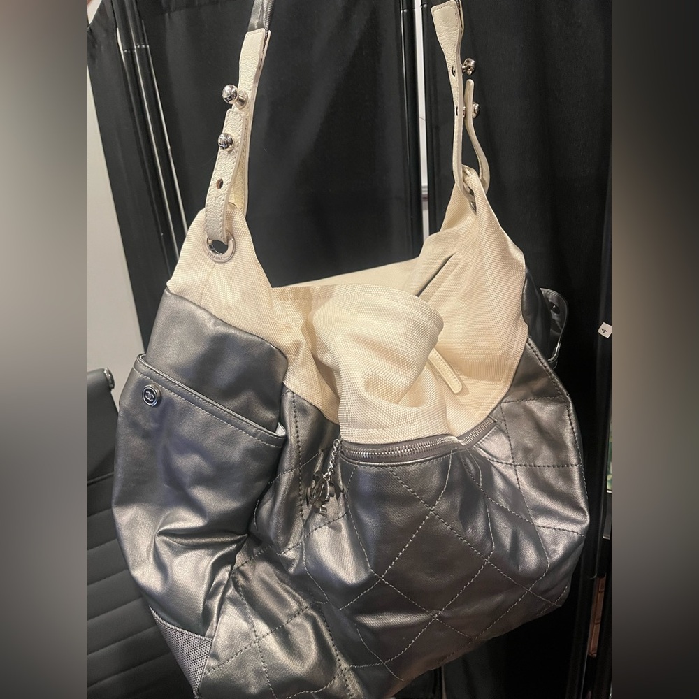 Chanel Paris Biarritz Silver and Cream Quilted Duffle Bag
